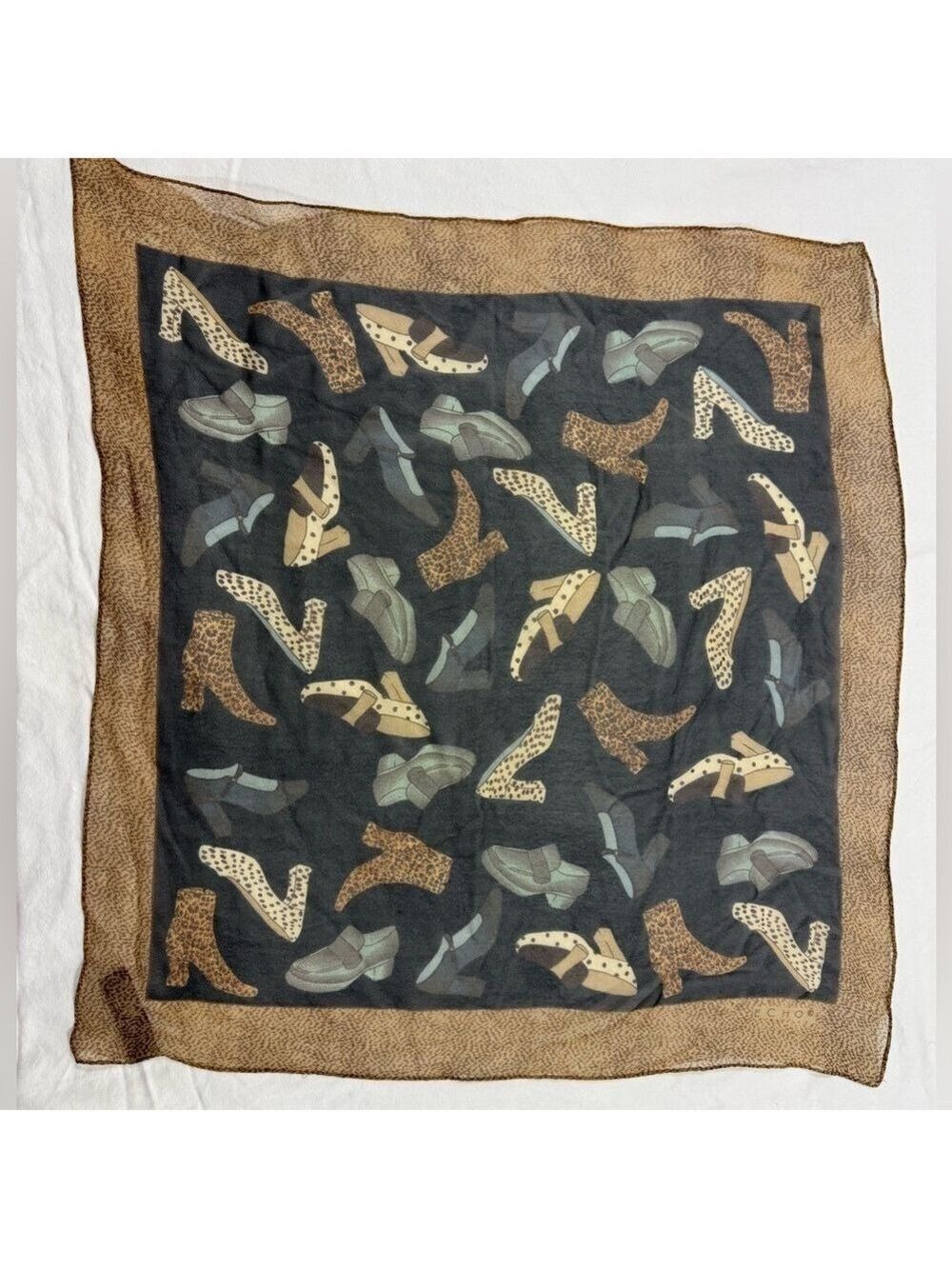 Echo Silk Scarf Shoe Print Leopard Heels Loafers Brown Black Square